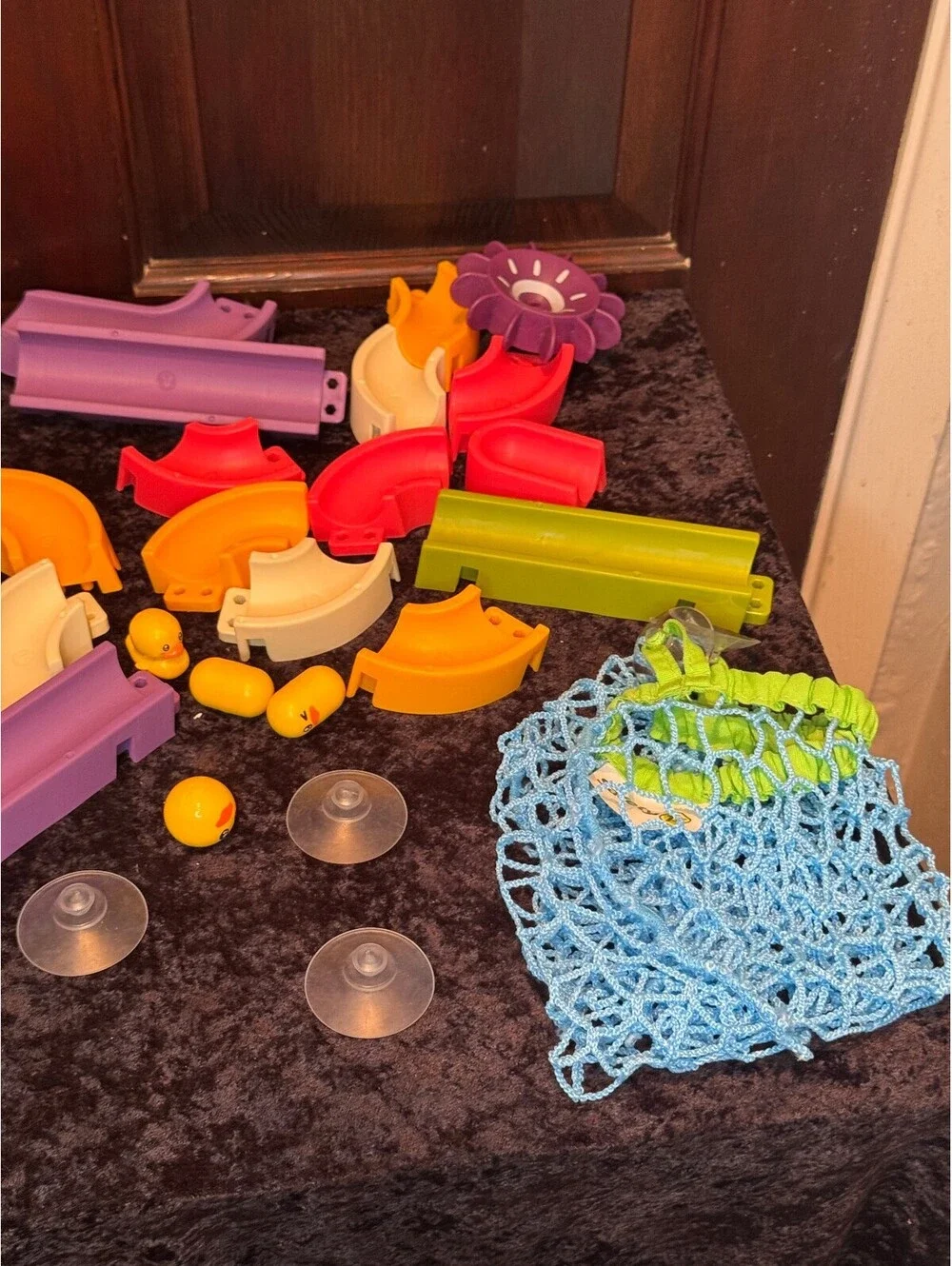 Colorful Modular Plastic Bath Track Pieces with Suction Cups and Duck Figures